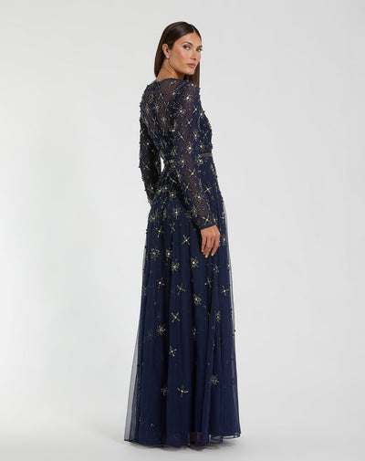 Mac Duggal 94216 - Starburst Beaded Illusion Jewel Gown In Blue