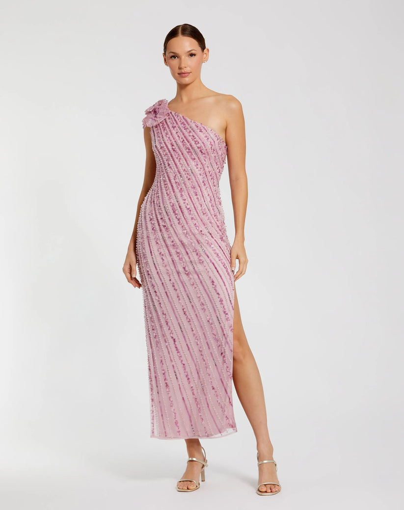 Mac Duggal 94221 - Floral Shoulder Column Beaded Dress Cocktail Dresses in Purple