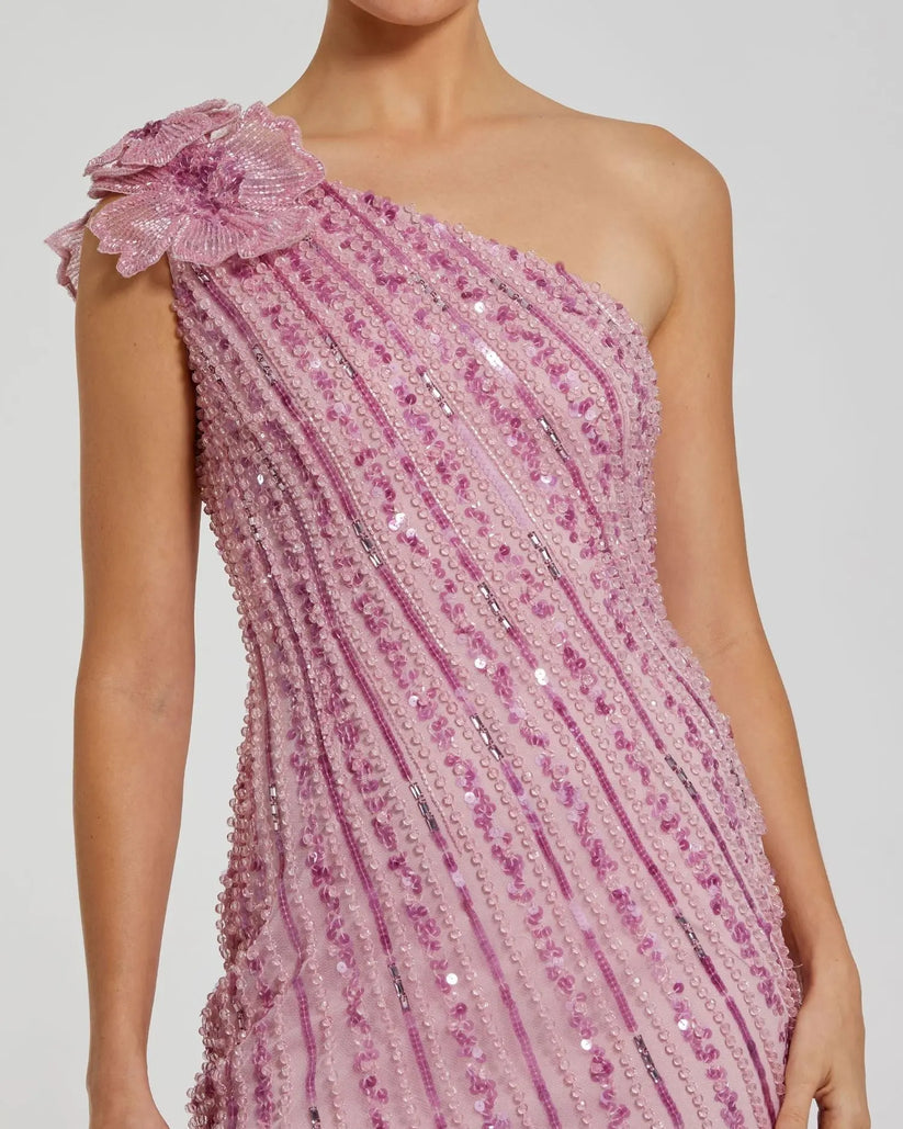 Mac Duggal 94221 - Floral Shoulder Column Beaded Dress Cocktail Dresses in Purple