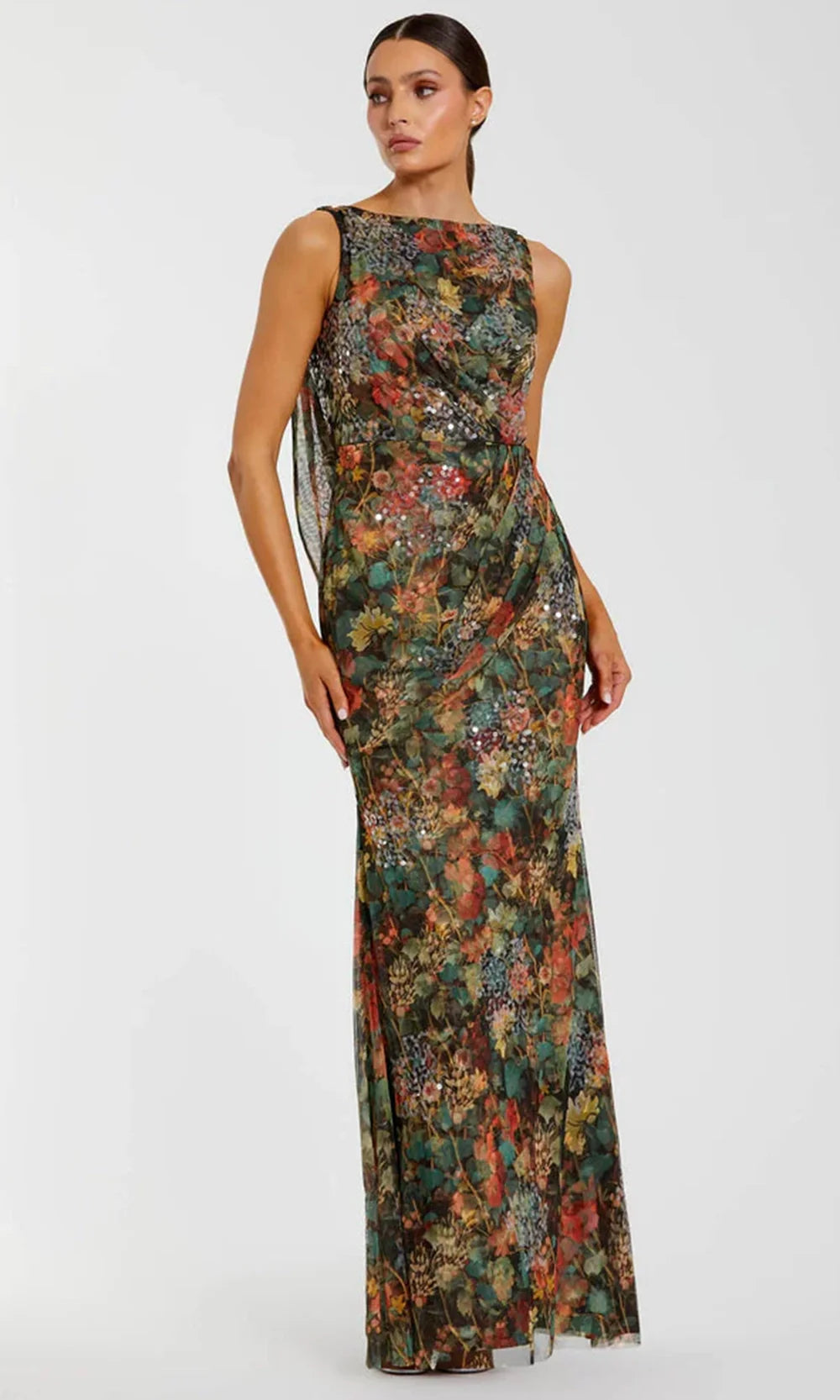 Mac Duggal 94263 - Bateau Column Gown with Cowl Back Formal Gowns