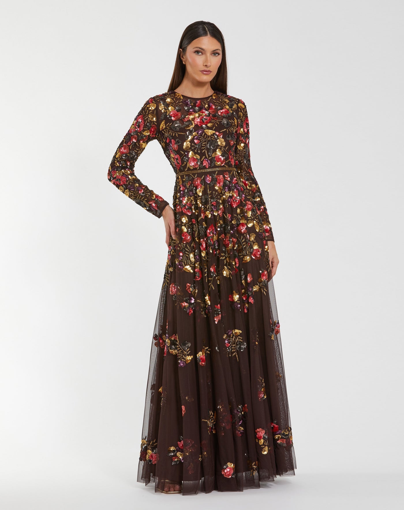 Mac Duggal 94275 - Floral Sequin A-line Evening Gown In Brown and Multi