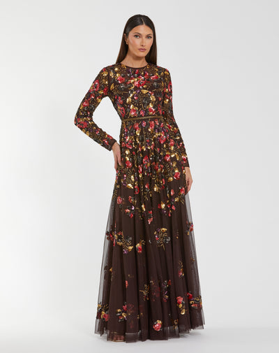 Mac Duggal 94275 - Floral Sequin A-line Evening Gown In Brown and Multi