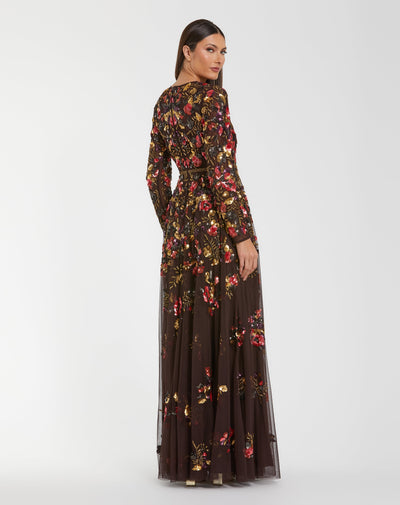 Mac Duggal 94275 - Floral Sequin A-line Evening Gown In Brown and Multi