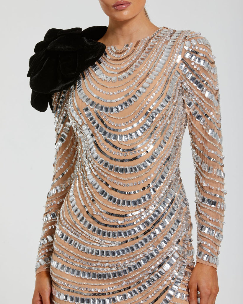 Mac Duggal 94284 - Sequin Mesh Bodycon Mini Dress Cocktail Dresses in Silver and Neutral