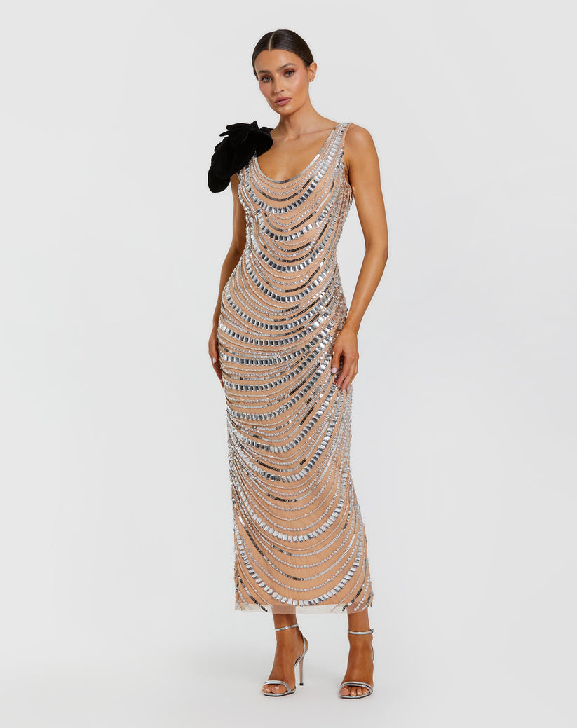 Mac Duggal 94285 - Velvet 3D Floral Scoop Embellished Dress Cocktail Dresses in Silver and Neutral