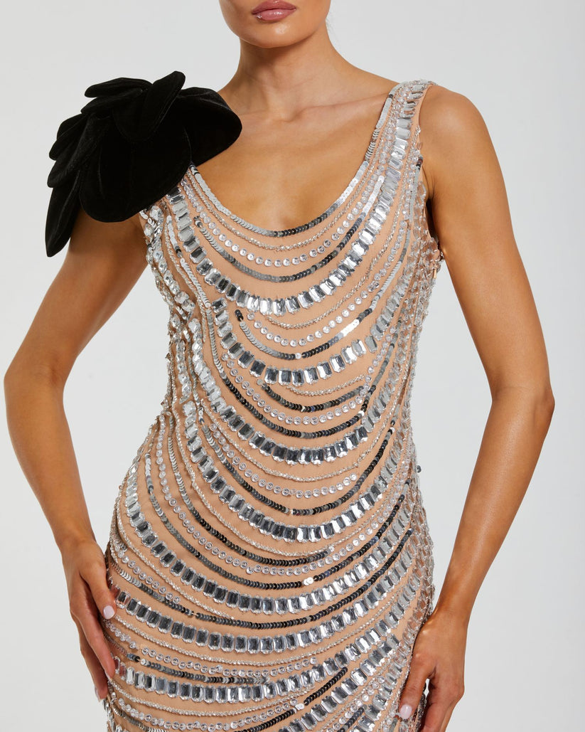 Mac Duggal 94285 - Velvet 3D Floral Scoop Embellished Dress Cocktail Dresses in Silver and Neutral