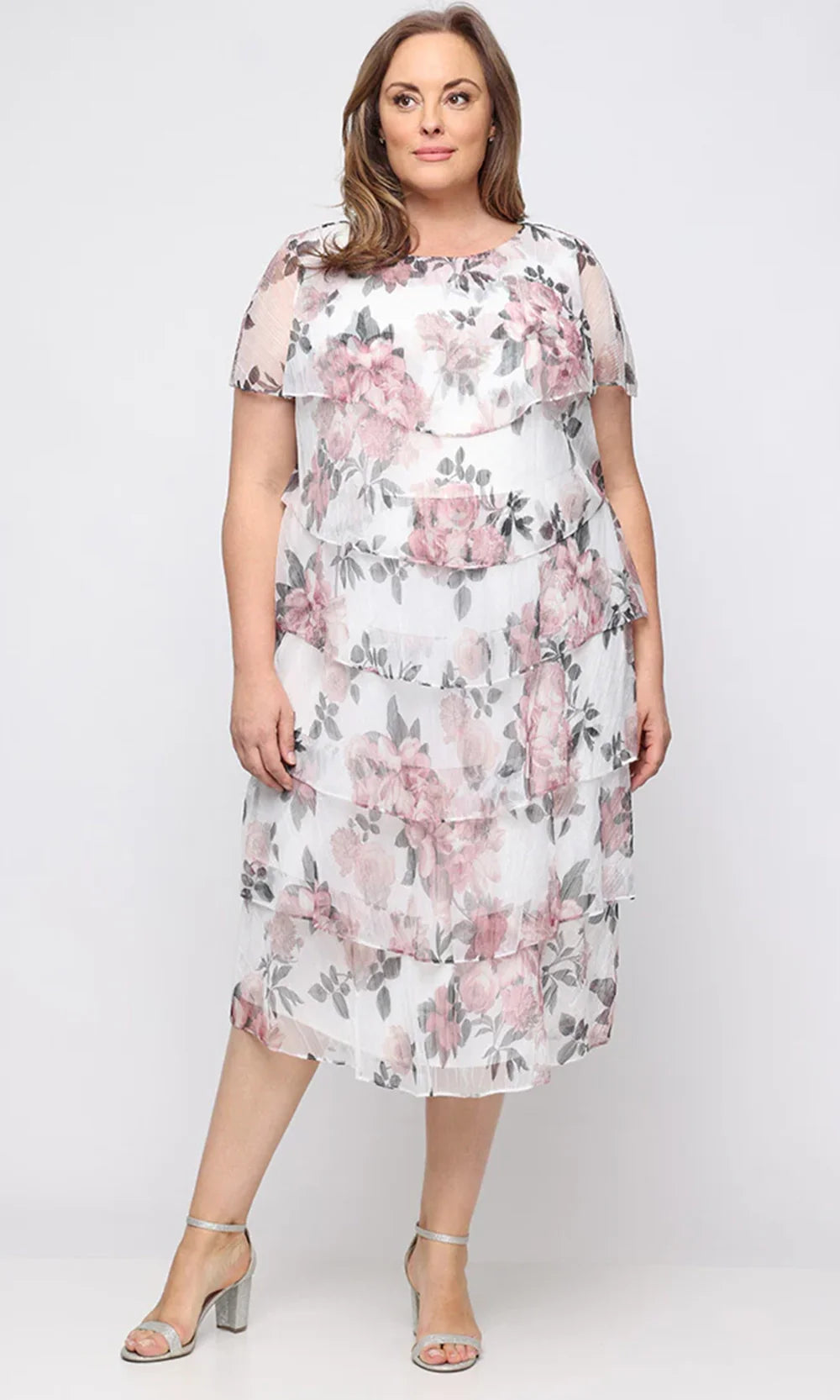 S.L. Fashions Dresses (SLNY) 9455294 - Plus Size Capelet A-Line Dress Wedding Guest in White and Pink