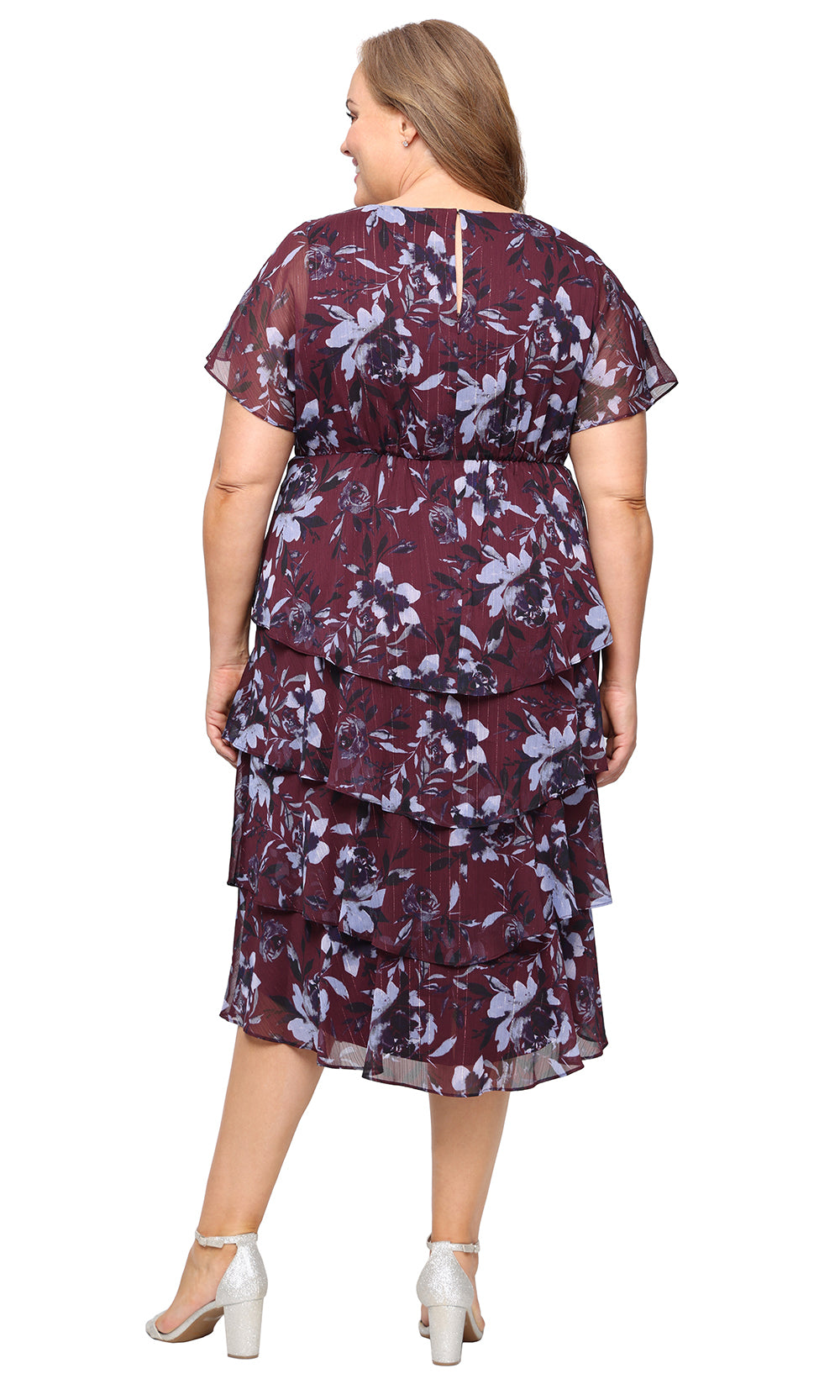 S.L. Fashions 9472147 - Floral Print Surplice V-Neck Tiered Dress Tea Length Dresses