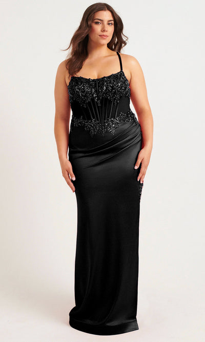 Faviana 9592 - Beaded Top High Slit Satin Dress Prom Dresses