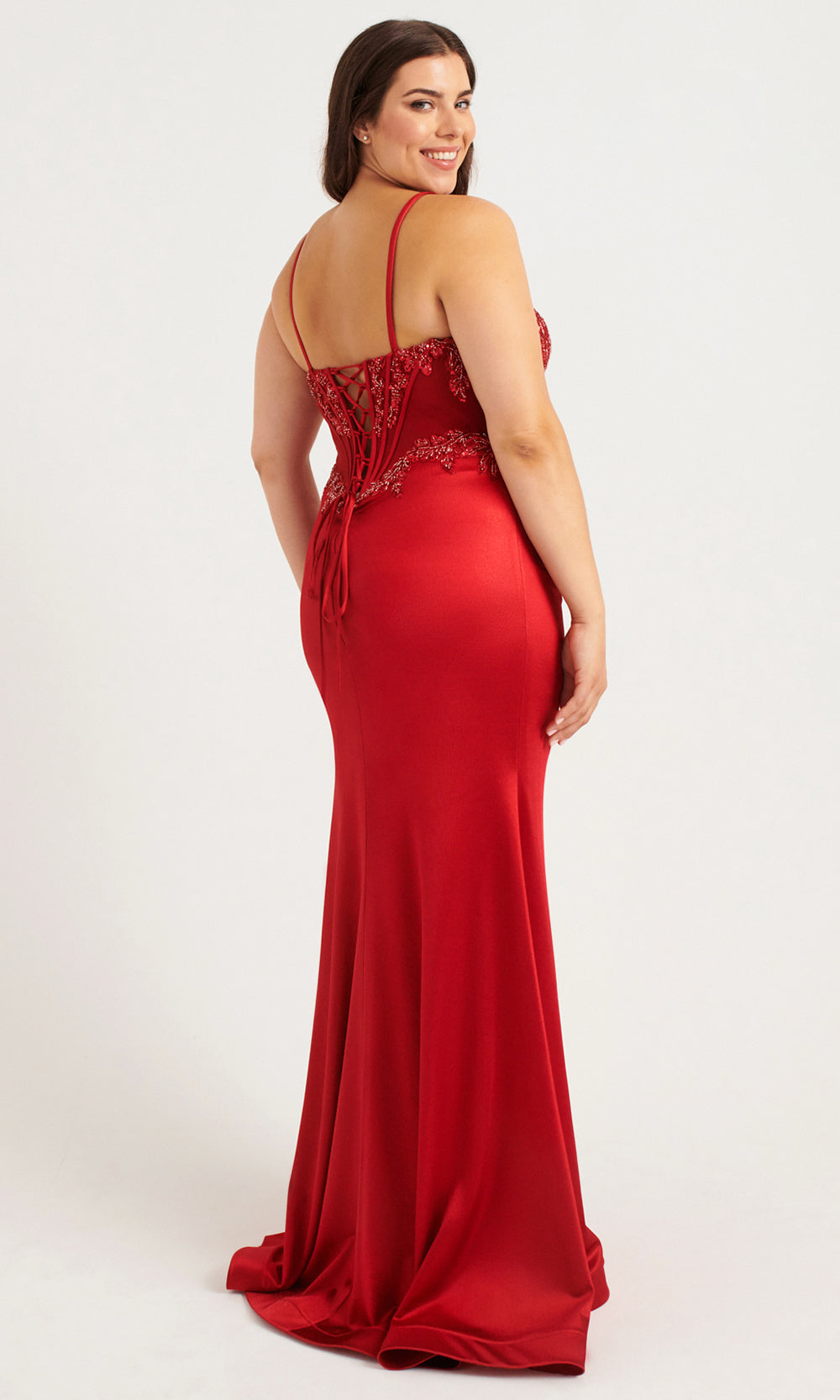 Faviana 9592 - Beaded Top High Slit Satin Dress Prom Dresses