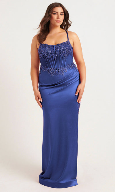 Faviana 9592 - Beaded Top High Slit Satin Dress Prom Dresses
