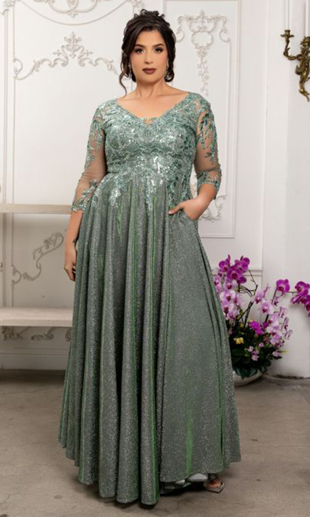 May Queen MQ2226 - Lace-Up Back Embellished A-Line Formal Gown