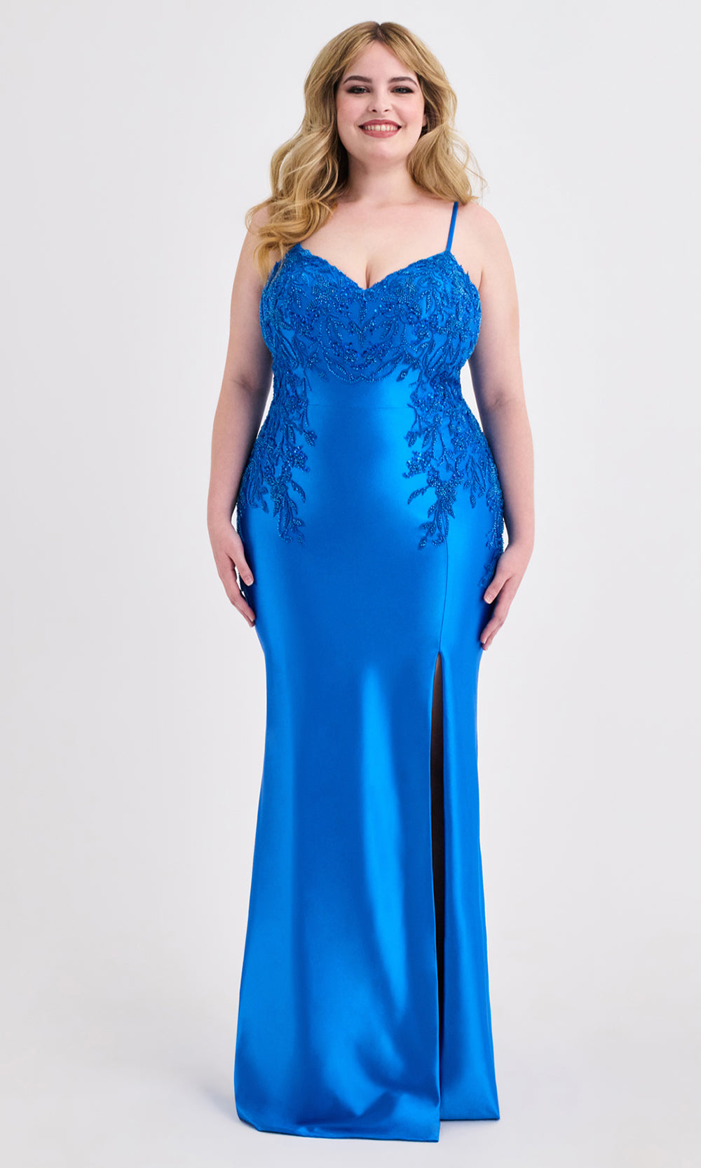 Faviana 9603 - Satin Embroidered Fitted Slit Dress Prom Dresses