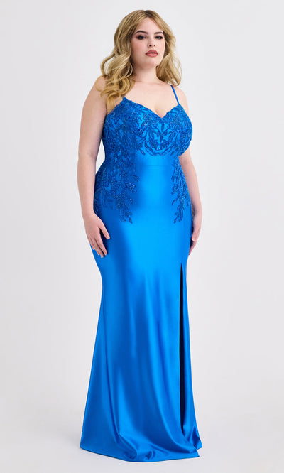 Faviana 9603 - Satin Embroidered Fitted Slit Dress Prom Dresses