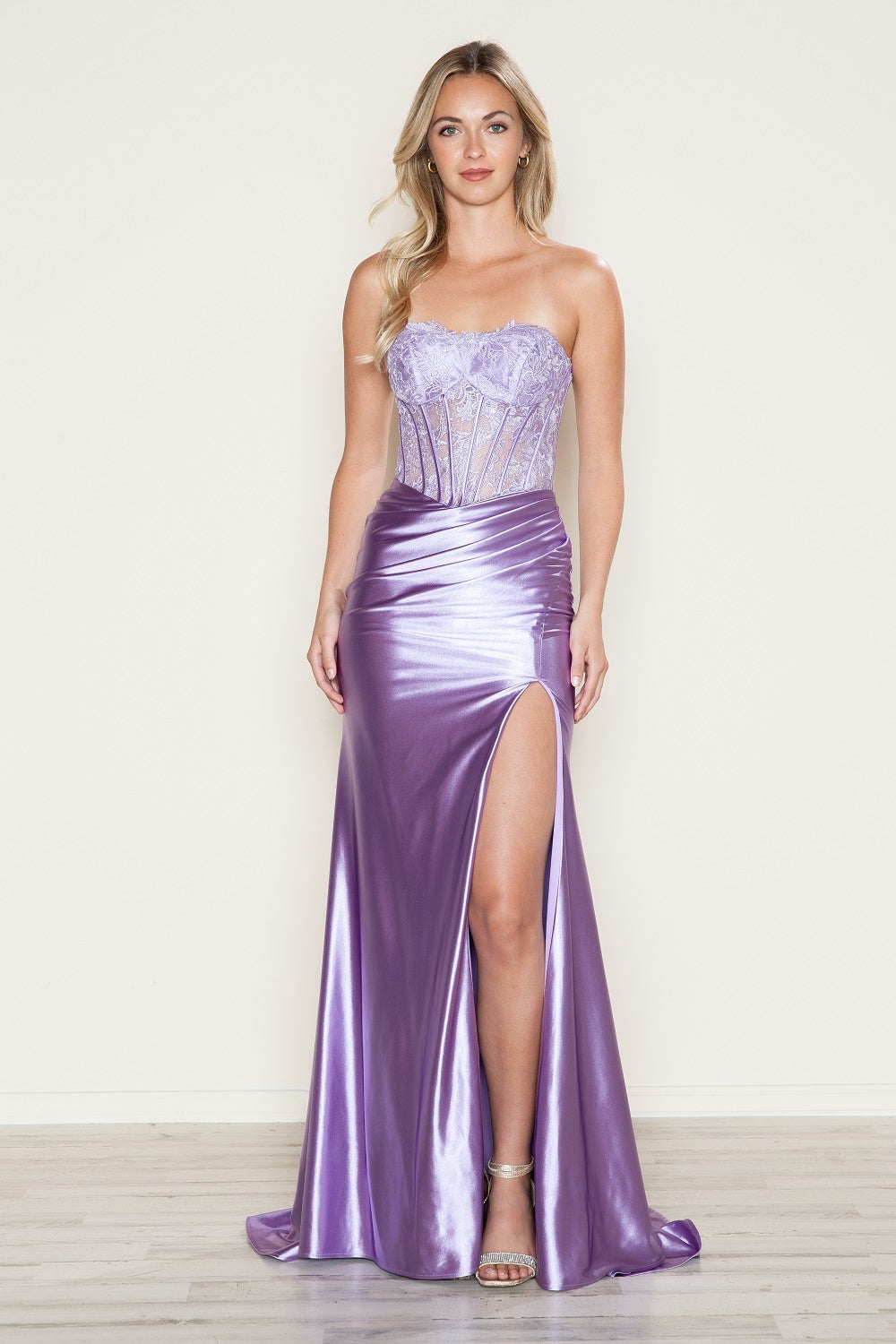 Poly USA 9688 - Semi-Sweetheart Embroidered Corset Dress with Slit Prom Dresses in Purple  