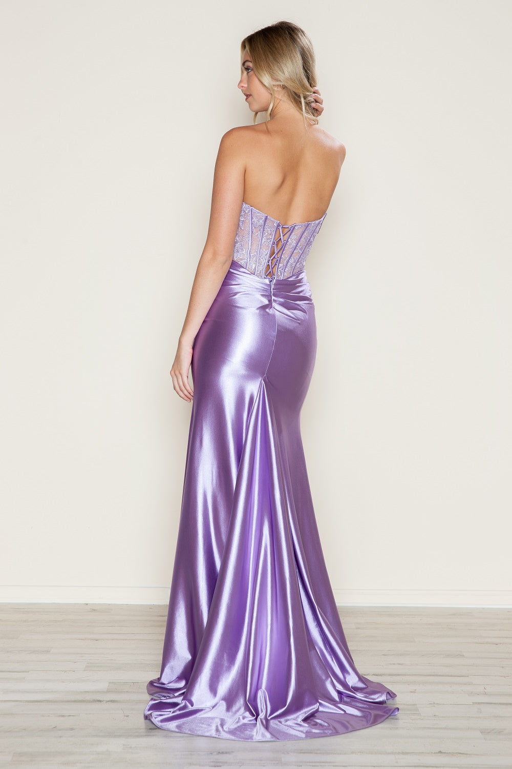 Poly USA 9688 - Semi-Sweetheart Embroidered Corset Dress with Slit Prom Dresses in Purple  