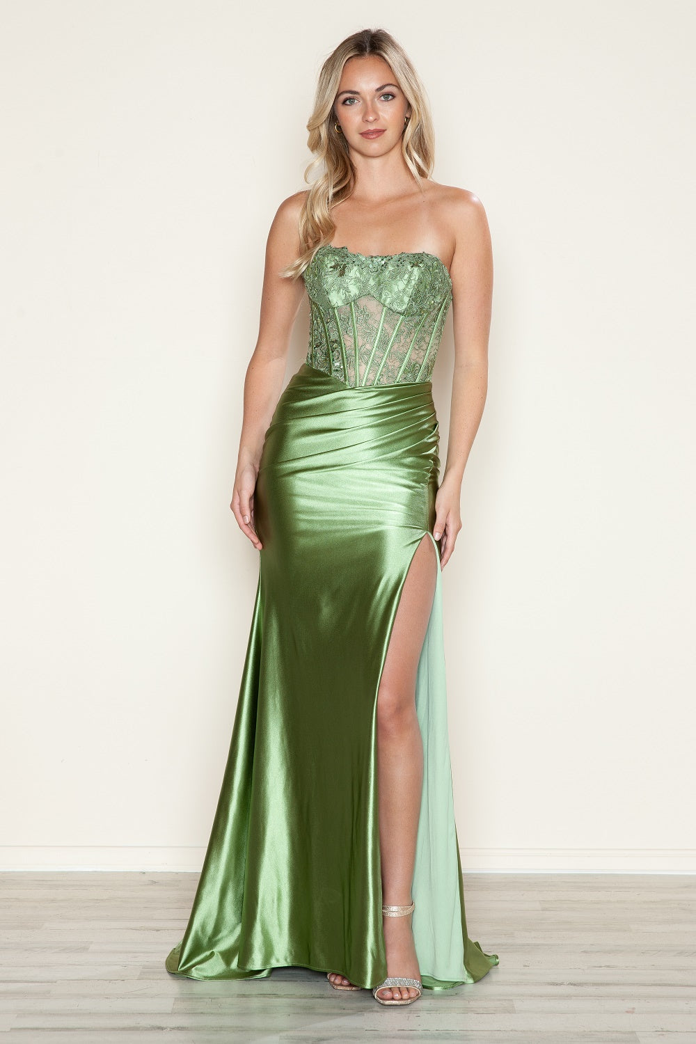 Poly USA 9688 - Semi-Sweetheart Embroidered Corset Dress with Slit Prom Dresses in Green  