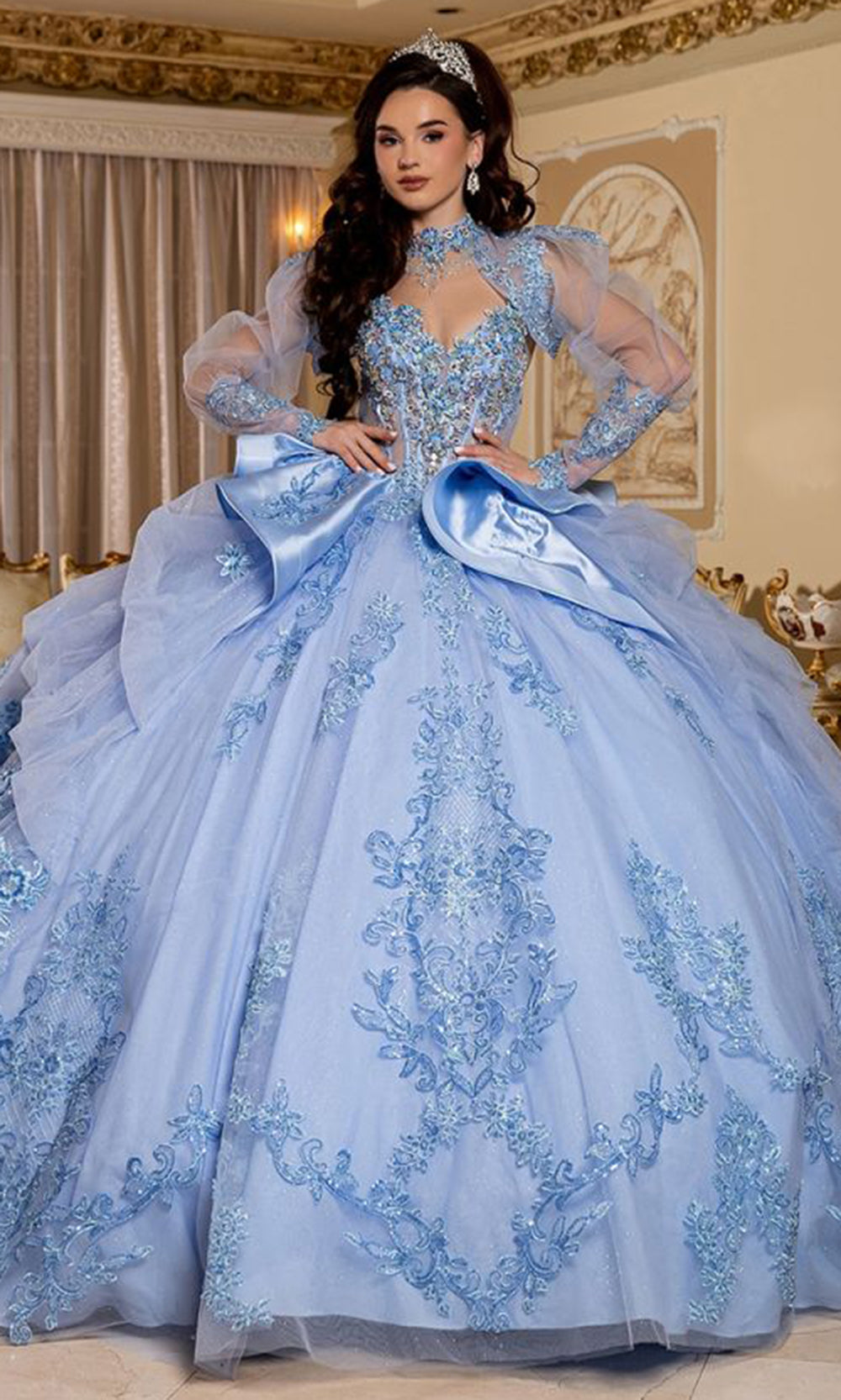 May Queen LK299 - Bow Accent Ballgown Evening Dress Quinceanera Dresses in Blue 