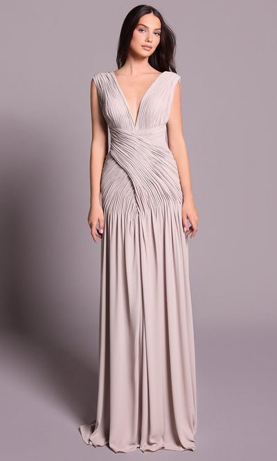 Tarik Ediz 99028 - Plunging V-Neck Ruched Crepe Dress