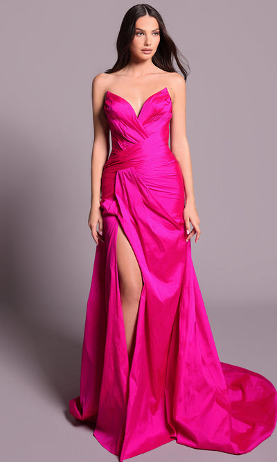 Tarik Ediz 99030 - V-Neck High Slit Taffeta Evening Dress