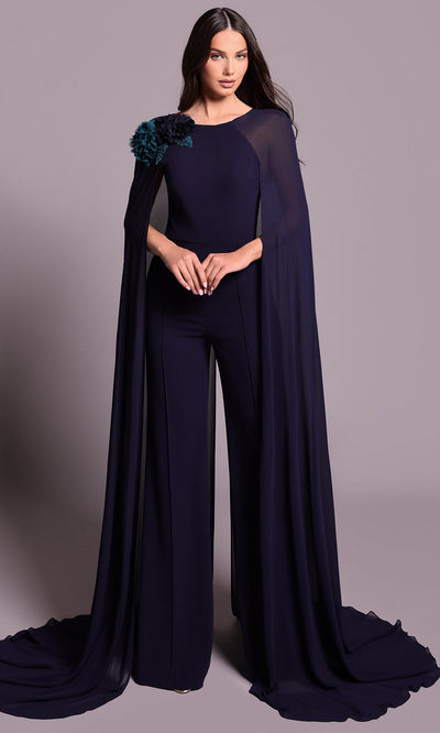 Tarik Ediz 99032 - Dramatic Cape Wide-Leg Jumpsuit
