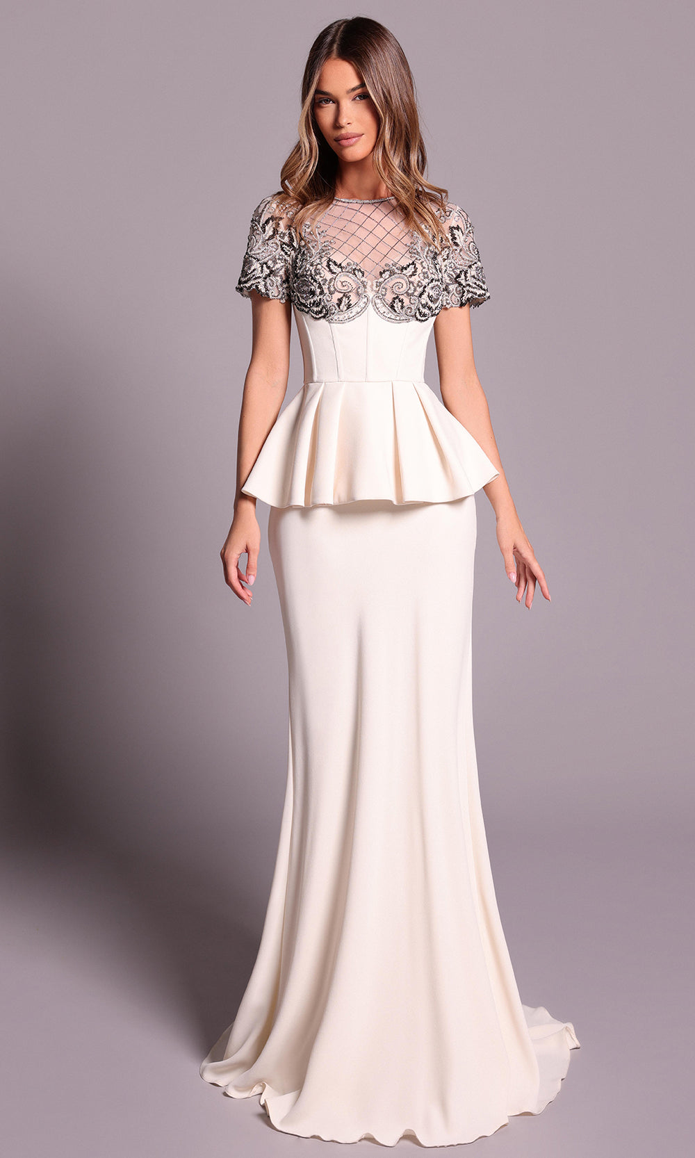 Tarik Ediz 99034 - Embroidered Short Sleeve Evening Dress