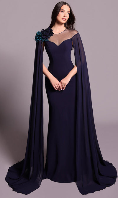 Tarik Ediz 99038 - Illusion Neck Draped Cape Dress