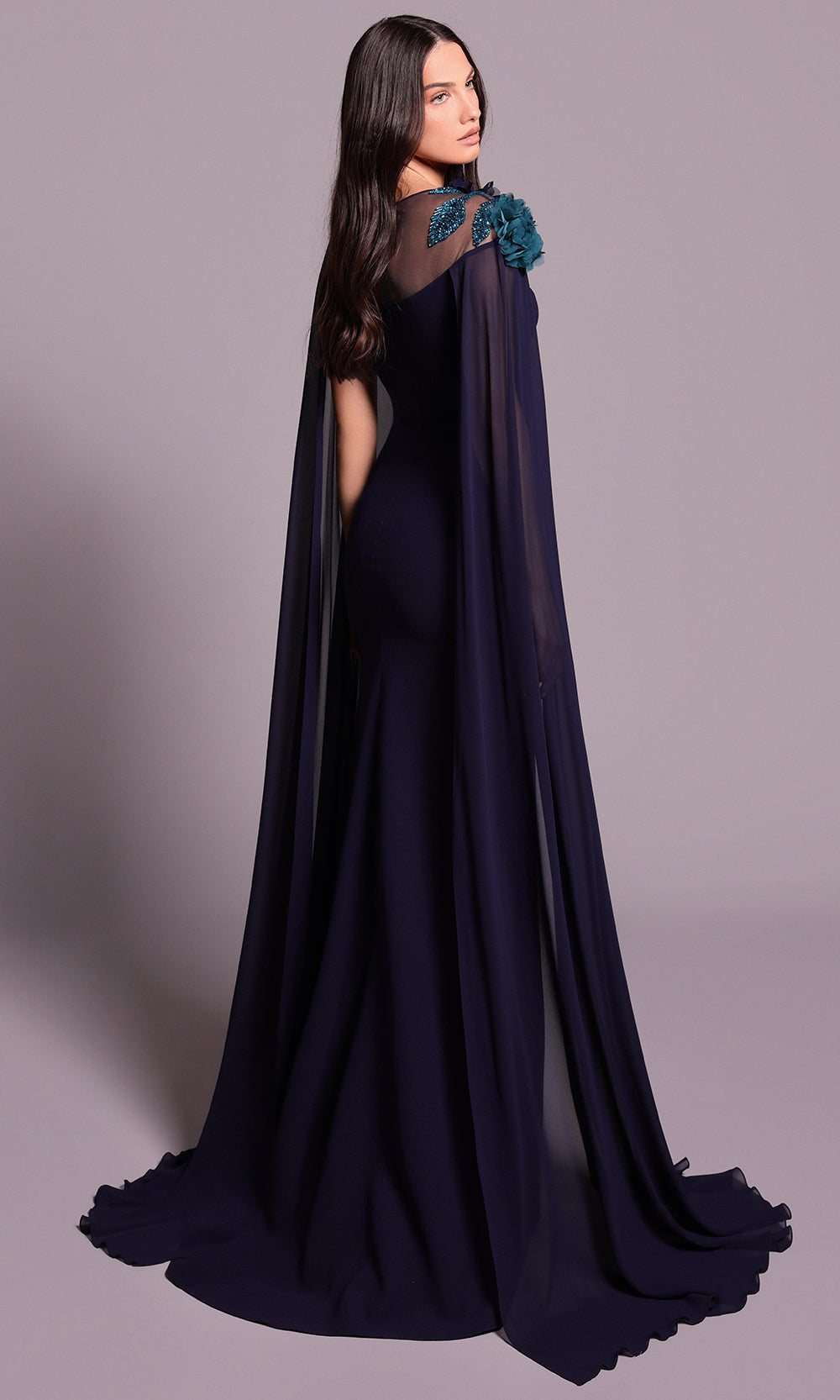 Tarik Ediz 99038 - Illusion Neck Draped Cape Dress