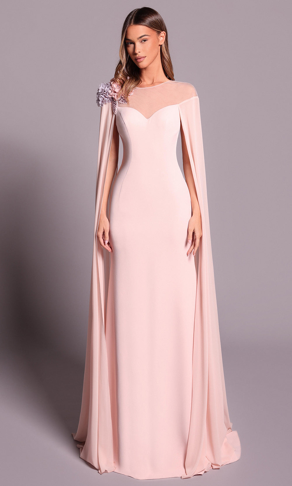 Tarik Ediz 99038 - Illusion Neck Draped Cape Dress