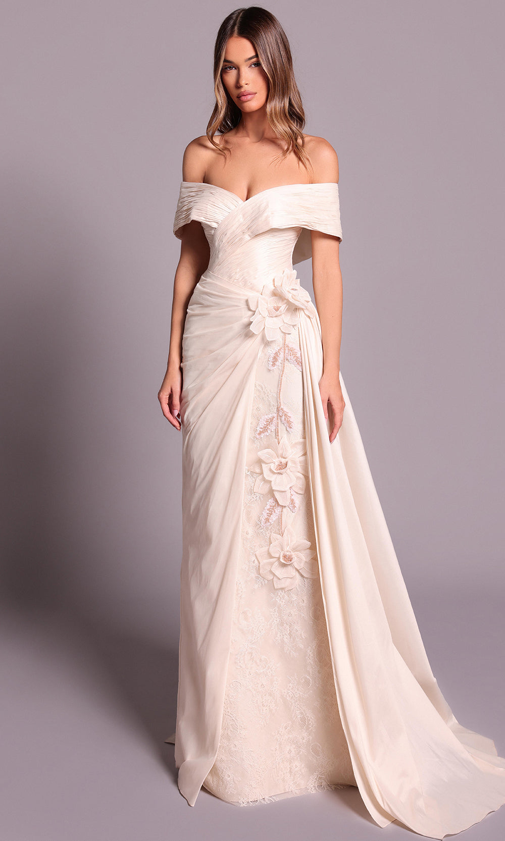 Tarik Ediz 99040 - Ruched Taffeta Dress with Floral Accent