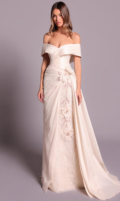 Tarik Ediz 99040 - Ruched Taffeta Dress with Floral Accent