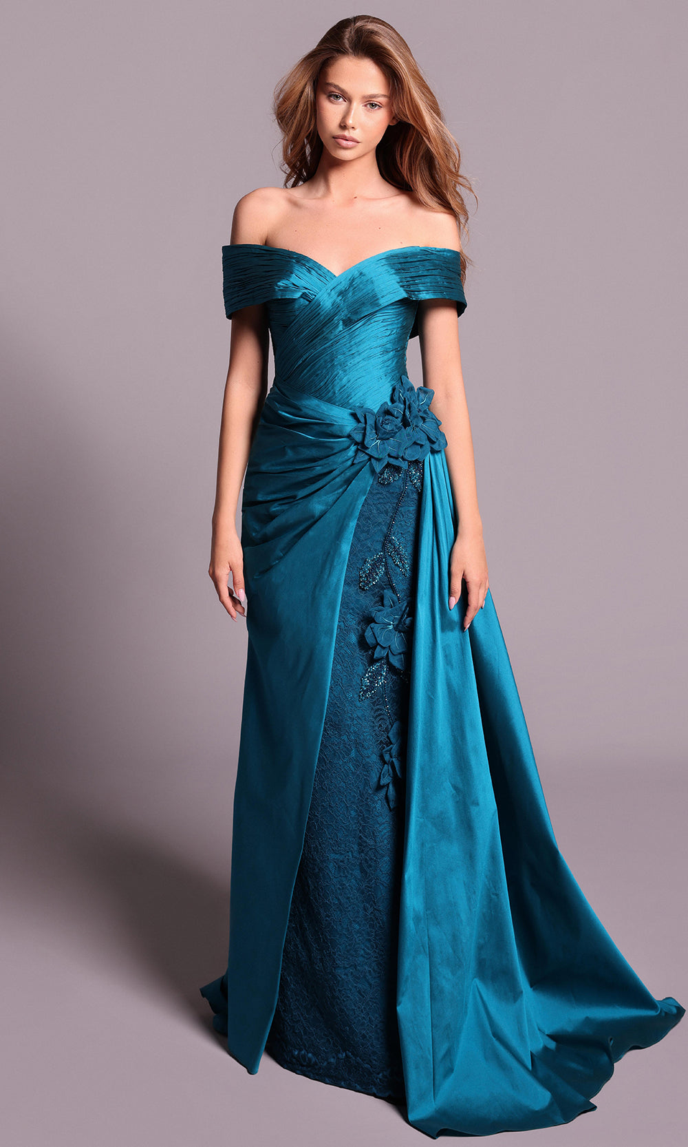 Tarik Ediz 99040 - Ruched Taffeta Dress with Floral Accent