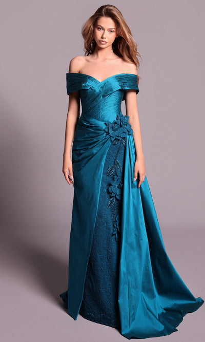 Tarik Ediz 99040 - Ruched Taffeta Dress with Floral Accent