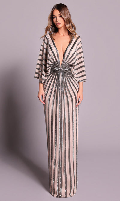 Tarik Ediz 99043 - V-Neckline Long Beaded Column Dress