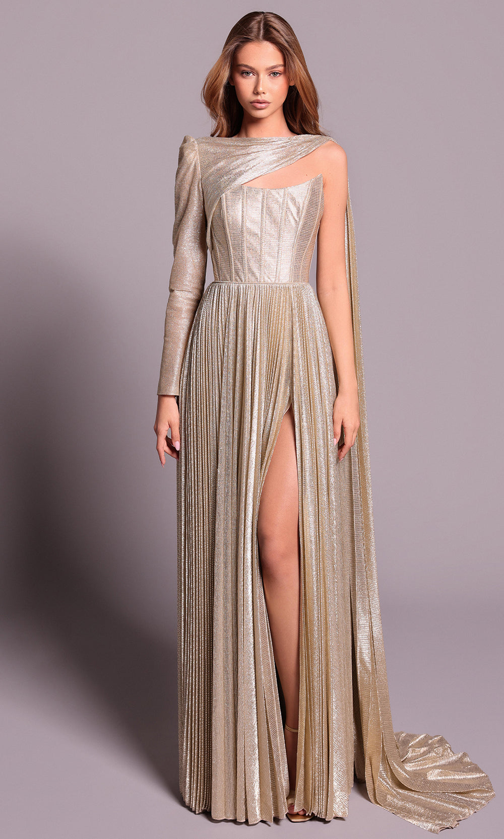 Tarik Ediz 99056 - A-line Asymmetric Neckline Silky Foil Dress