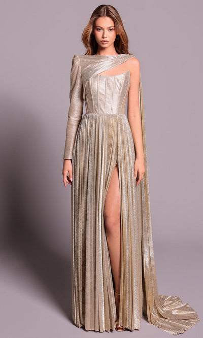 Tarik Ediz 99056 - A-line Asymmetric Neckline Silky Foil Dress