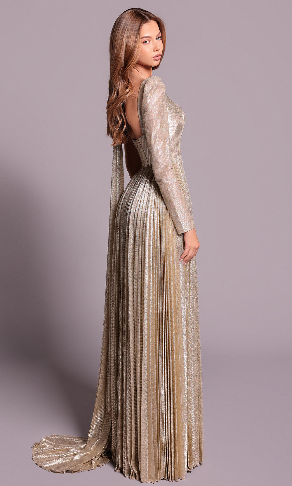 Tarik Ediz 99056 - A-line Asymmetric Neckline Silky Foil Dress