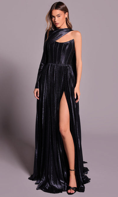 Tarik Ediz 99056 - A-line Asymmetric Neckline Silky Foil Dress