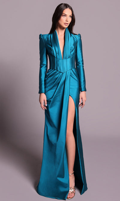 Tarik Ediz 99057 - Plunging V-Neck Draped Slit Dress