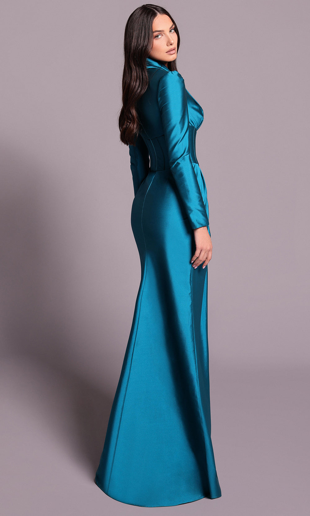 Tarik Ediz 99057 - Plunging V-Neck Draped Slit Dress