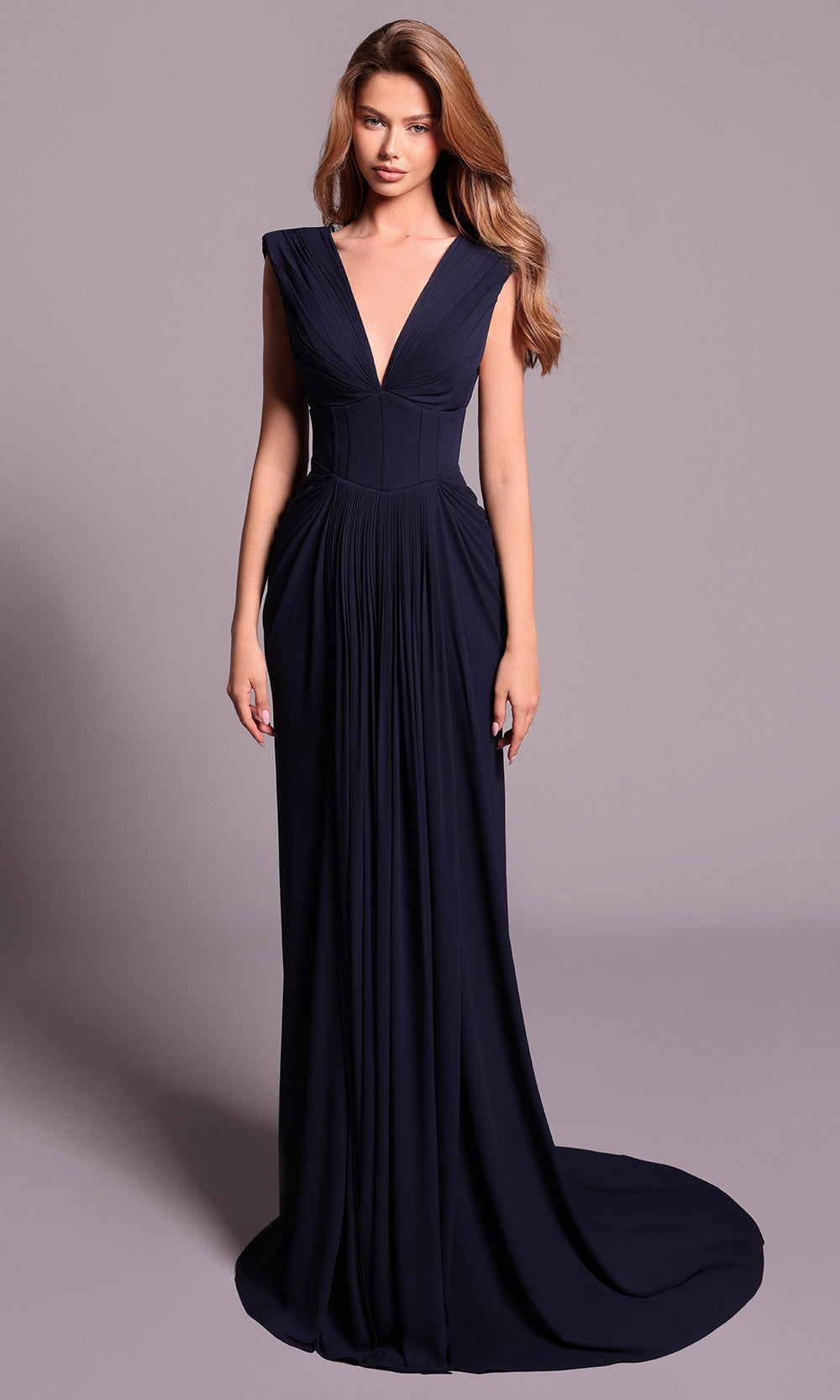 Tarik Ediz 99073 - Pleated Bodice Crepe Sheath Gown