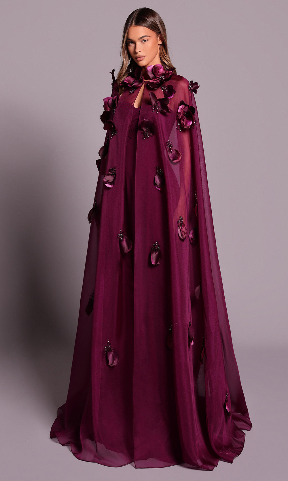 Tarik Ediz 99077 - Floral Accented Cape A-line Dress