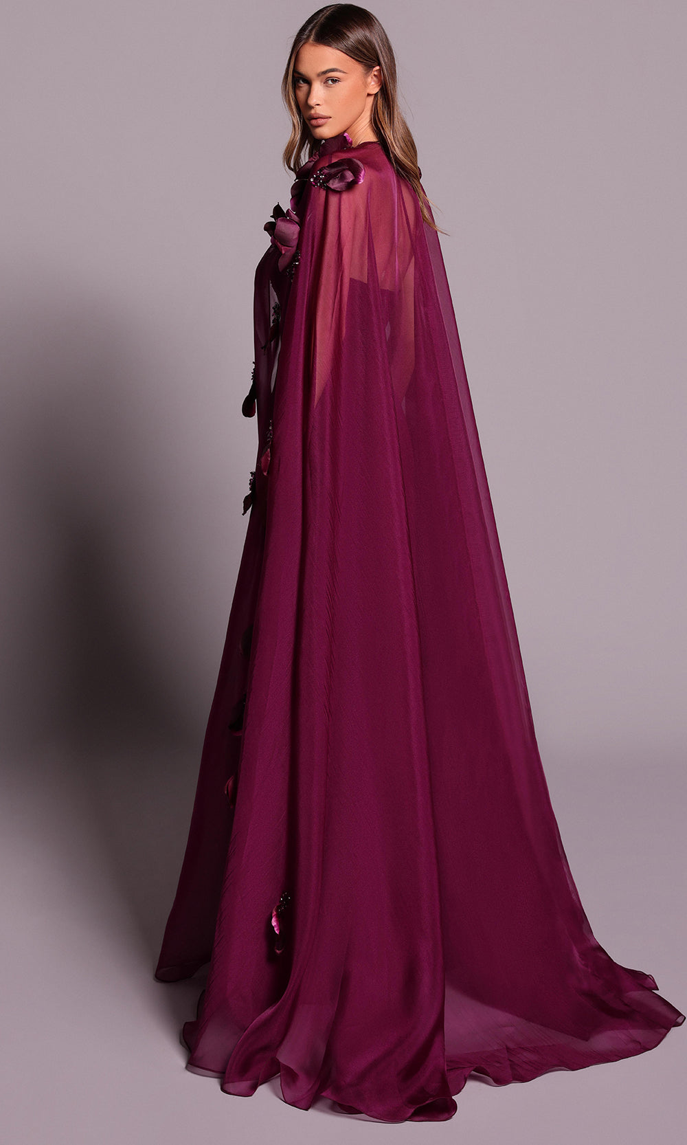 Tarik Ediz 99077 - Floral Accented Cape A-line Dress