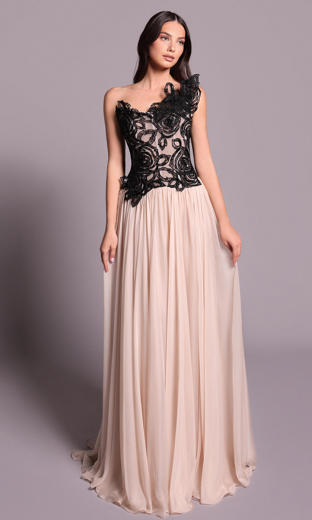 Tarik Ediz 99101 - Asymmetric Neck Chiffon A-Line Gown