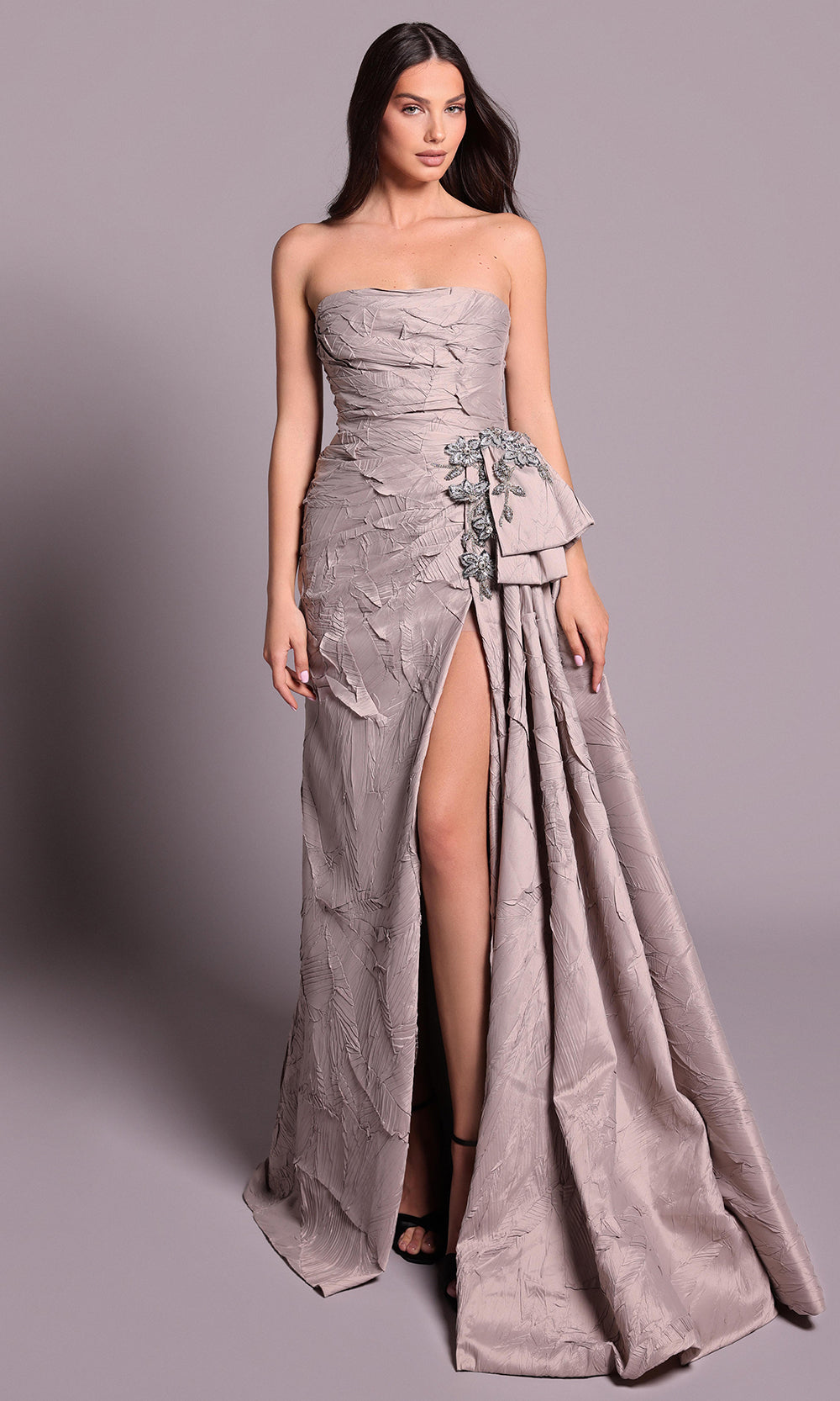 Tarik Ediz 99105 - Beaded Applique Straight Neckline Dress