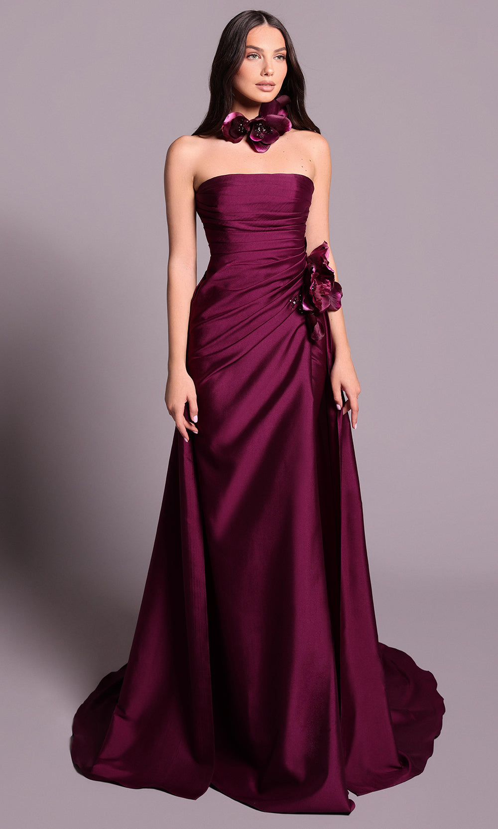 Tarik Ediz 99106 - Floral Applique Ruched Overskirt Dress
