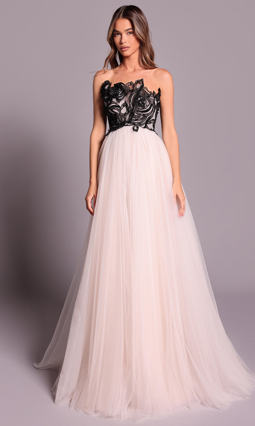 Tarik Ediz 99118 - Floral Applique Layered A-line Dress