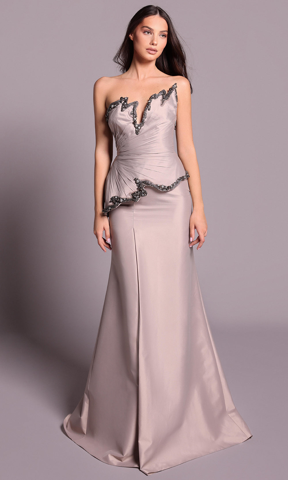 Tarik Ediz 99119 - Asymmetrical Ruched Peplum Dress