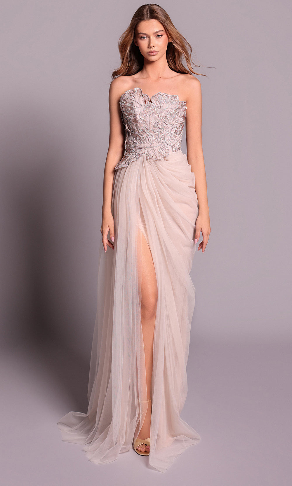 Tarik Ediz 99133 - Lace Appliqued Tulle Dress with Slit