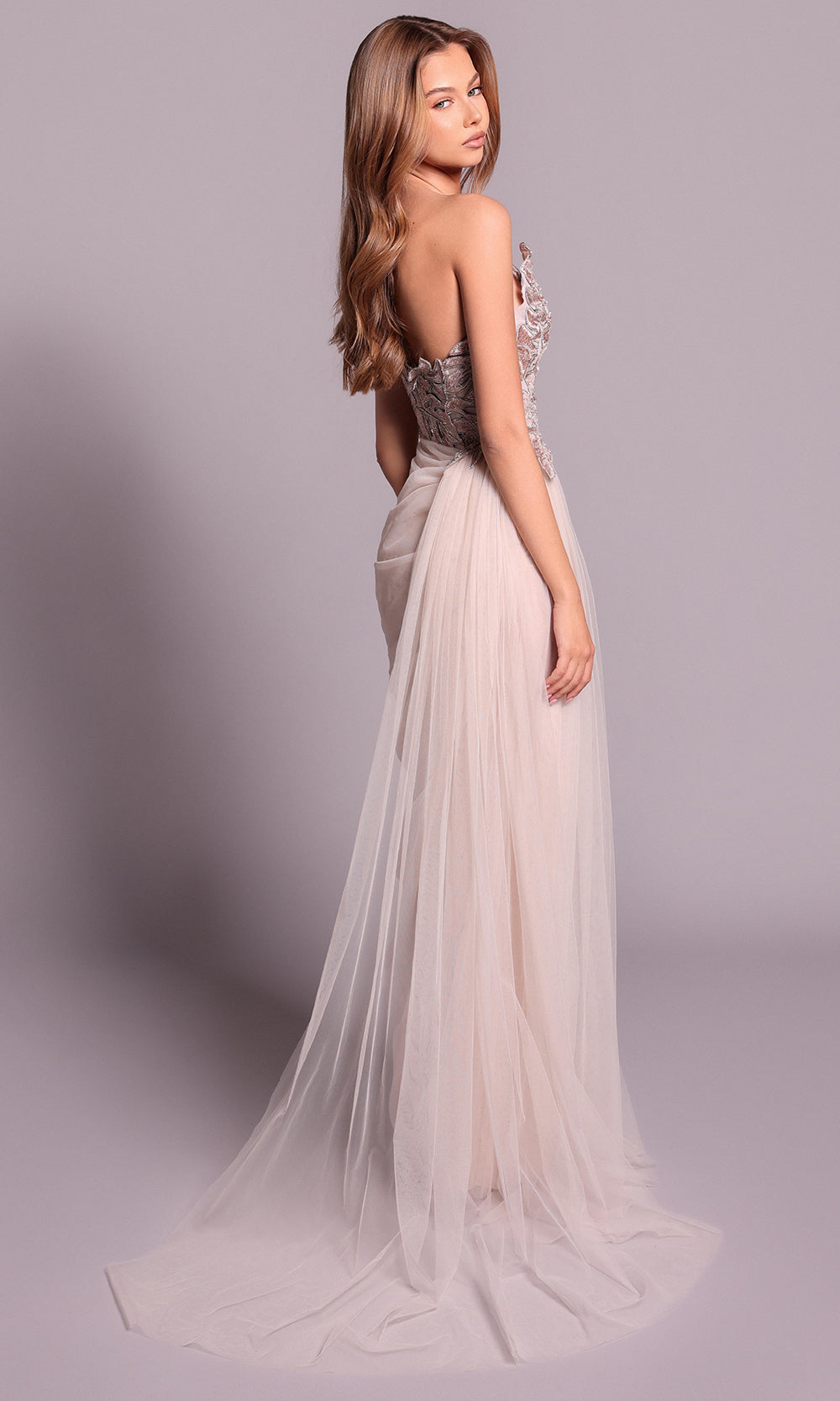 Tarik Ediz 99133 - Lace Appliqued Tulle Dress with Slit